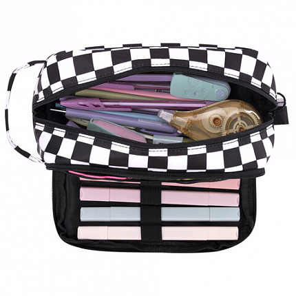 Пенал-органайзер HEIKKI (ХЕЙКИ) с ручкой, значки, 2 отделения, откидная планка, 22x13х10 см, "Black&White", 273601