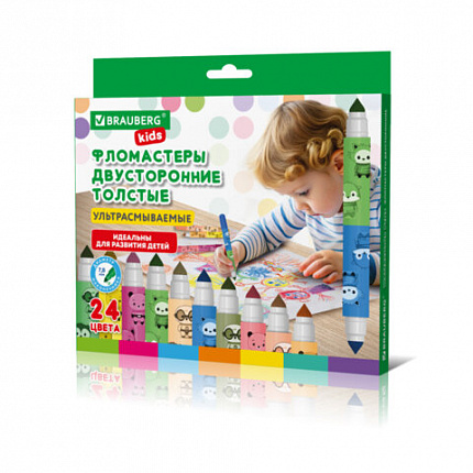 Фломастеры двусторонние толстые для малышей ультрасмываемые 12 штук/24 цвета, BRAUBERG KIDS, 152626