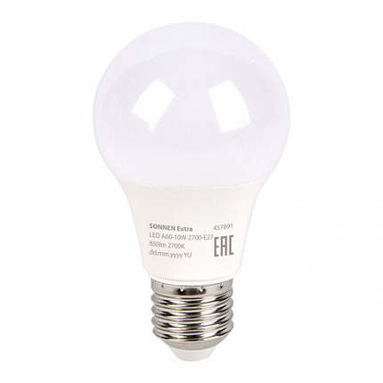 Лампа светодиодная SONNEN EXTRA, 10 (85) Вт, Е27, груша, теплый белый, 30000 ч, LED A60-10W-2700-Е27, 457891