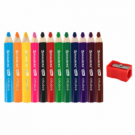 Карандаши цветные толстые для малышей 12 цветов + ТОЧИЛКА В ПОДАРОК! трехгранные, натуральное дерево BRAUBERG KIDS, 182058