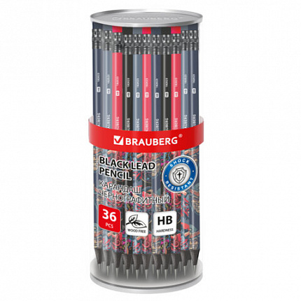Карандаш чернографитный BRAUBERG "ONI", 1 шт, HB, с ластиком, корпус ассорти, 182023