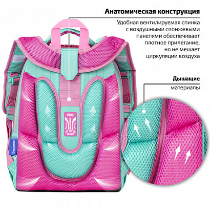 Ранец BRAUBERG SHINY, 2 отделения, с брелком, "Сказочный единорог", 38х28х14 см, 270694