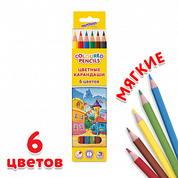 Карандаши цветные ЮНЛАНДИЯ "ДОМИКИ", 6 цветов, шестигранные, грифель 3 мм, 181835