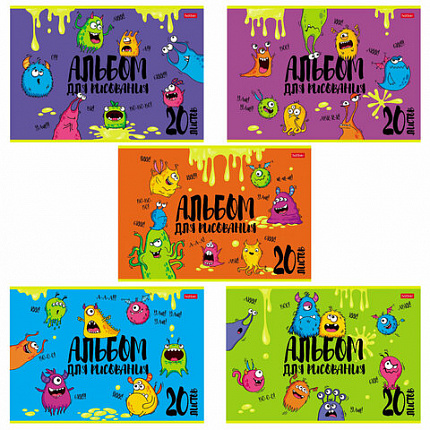 Альбом для рисования, А4, 20 л., скоба, обложка картон, выборочный лак, HATBER, 205х290 мм, "Монстрики", 074632, 20А4вмВ
