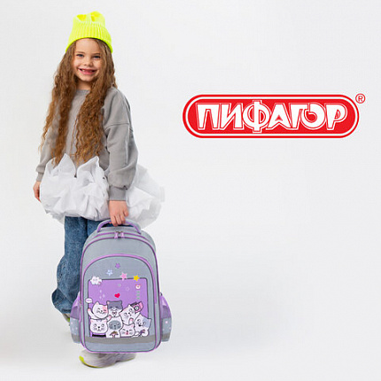 Рюкзак ПИФАГОР SCHOOL, 1 отделение, 3 кармана, "Cats selfie", 38x28х14 см, 273165