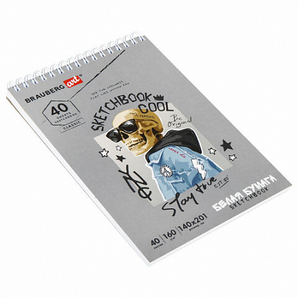 Скетчбук, белая бумага 160 г/м2, 140х201 мм, 40 л., гребень, жесткая подложка, BRAUBERG ART, ассорти, 115071
