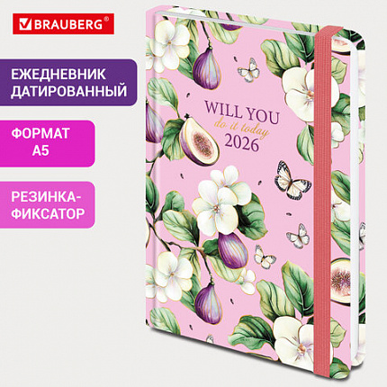Ежедневник датированный 2026 с резинкой 145х203 мм, А5, BRAUBERG, твердый, фольга, "Инжир", 117337