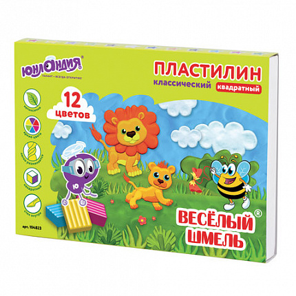 Пластилин классический ЮНЛАНДИЯ "ВЕСЁЛЫЙ ШМЕЛЬ", 12 цветов, 204 г, СО СТЕКОМ, КВАДРАТНЫЙ, 104823