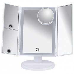 Зеркало настольное с LED-подсветкой для макияжа, размер 24х18 см, складное, увеличение х2, х3, х10, белое, BRABIX, 609337