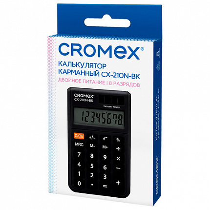 Калькулятор карманный CROMEX (КРОМЕКС) CX-210N-BK (96х62 мм), 8 разрядов, двойное питание, черный, 273834