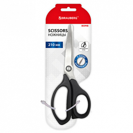 Ножницы BRAUBERG "BOMB", 210 мм, графитовый цвет, 2-х сторонняя заточка, эргономичные, 238856