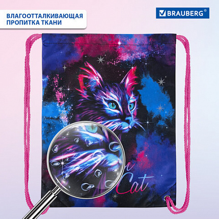 Мешок для обуви BRAUBERG PREMIUM, карман, подкладка, светоотражайка, 43х33 см, "Neon cat", 271621
