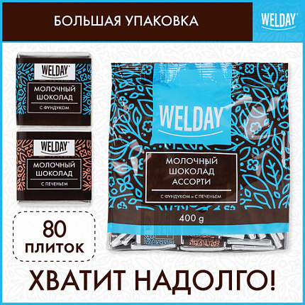 Шоколад порционный с фундуком и печеньем WELDAY (ВЭЛДЭЙ), молочный 27%, 400 г (80 плиток по 5 г), 622408