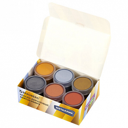 Краски акриловые МЕТАЛЛИК для рисования и творчества 6 цветов по 20 мл BRAUBERG HOBBY, 192437