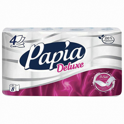 Бумага туалетная бытовая, спайка 8 шт., 4-слойная (8х16 м), PAPIA DELUXE, белая, 5062173