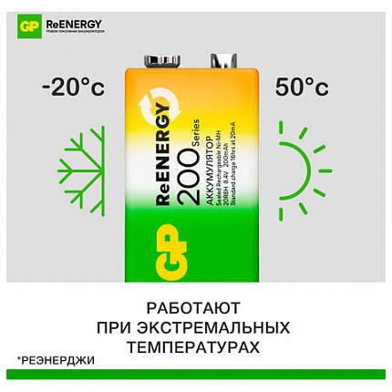 Батарейка аккумуляторная GP ReEnergy Ni-Mh 1 шт., "Крона" (20R8H 9V), 200 mAh, 20R8HRGY-2CRCB1