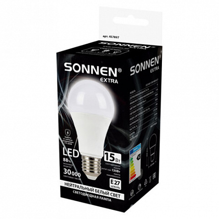 Лампа светодиодная SONNEN EXTRA, 15 (130) Вт, Е27, груша, нейтральный белый, 30000 ч, LED A60-15W-4000-Е27, 457897