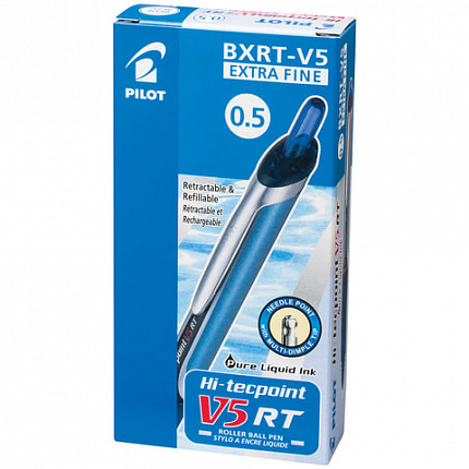 Ручка-роллер автоматическая с грипом PILOT "Hi-Tecpoint V5 RT", СИНЯЯ, игольчатый узел 0,5 мм, линия письма 0,25 мм, BXRT-V5 L
