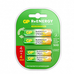 Батарейки аккумуляторные GP ReEnergy Ni-Mh НАБОР 8 шт. (ПРОМО 4+4), AA+ААА (HR6+HR03), 2000 mAh + 750 mAh, 210AAHC/75AAAHC