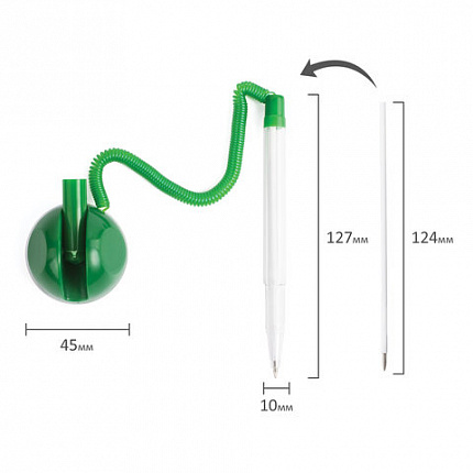 Ручка шариковая настольная BRAUBERG "Стенд-Пен", СИНЯЯ, пружинка, корпус зеленый, линия письма 0,5 мм, 141350