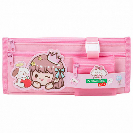 Пенал мягкий BRAUBERG KIDS, 3 отделения, кармашек на карабине, полиэстер, "Sweet friends", 22х10х7 см, 273558