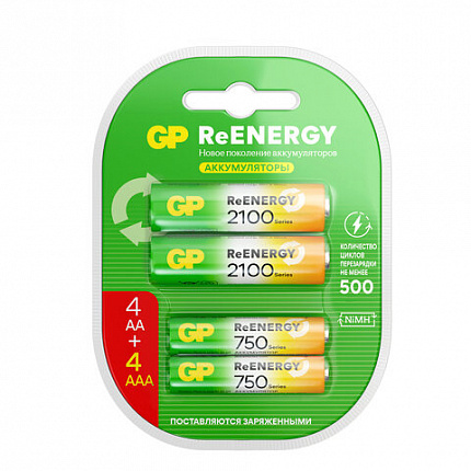 Батарейки аккумуляторные GP ReEnergy Ni-Mh НАБОР 8 шт. (ПРОМО 4+4), AA+ААА (HR6+HR03), 2000 mAh + 750 mAh, 210AAHC/75AAAHC
