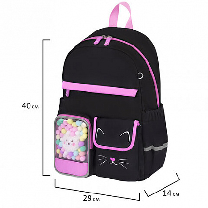 Рюкзак BRAUBERG PASTEL с термонашивками в комплекте, "Black kitty", черный, 40х29х14 см, 273128