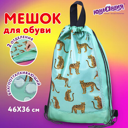 Мешок для обуви ЮНЛАНДИЯ, с ручками, боковой карман на молнии, 46х36 см, "Wild Cats", 271614