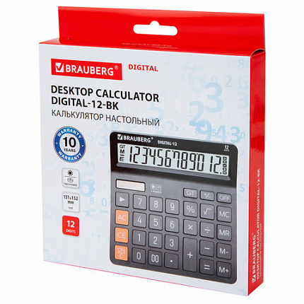 Калькулятор настольный BRAUBERG DIGITAL-12-BK (151х152 мм), 12 разрядов, двойное питание, ЧЕРНЫЙ, 272968