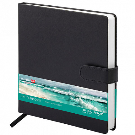 Скетчбук, белая бумага 140 г/м2 200х200 мм, 80 л., КОЖЗАМ, застежка, BRAUBERG ART CLASSIC, черный, 116463