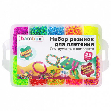 Набор резинок для плетения украшений МЕГА НАБОР 15 000 шт., 25 цветов, бокс, бусины, станок, BAMBOX (БАМБОКС), 665973