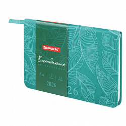 Еженедельник датированный 2026 МАЛЫЙ ФОРМАТ 95х155 мм, А6, BRAUBERG "Foliage", под кожу, бирюза, 117197