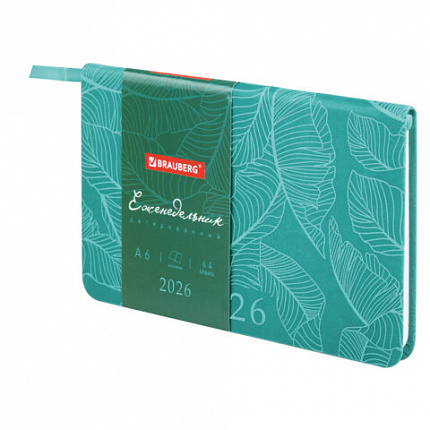 Еженедельник датированный 2026 МАЛЫЙ ФОРМАТ 95х155 мм, А6, BRAUBERG "Foliage", под кожу, бирюза, 117197