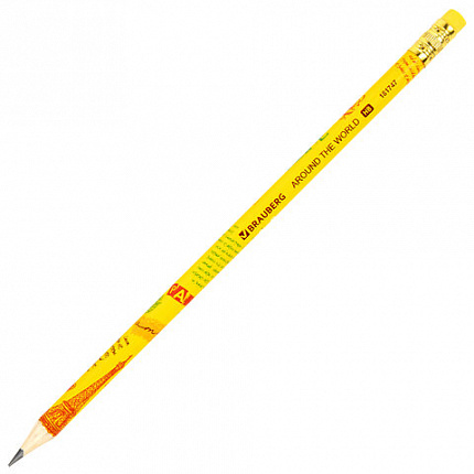 Карандаш чернографитный BRAUBERG "AROUND THE WORLD", 1 шт., HB, с ластиком, корпус ассорти, 181747