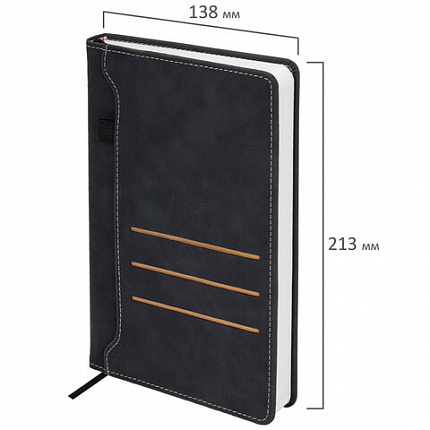 Ежедневник недатированный А5 138х213 мм, BRAUBERG "Slot", под кожу, держатель для ручки, 160 листов, черный, 116605