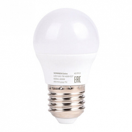 Лампа светодиодная SONNEN EXTRA, 7 (60) Вт, E27, шар, нейтральный белый, 30000 ч, LED G45-7W-4000-Е27, 457912