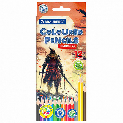 Карандаши цветные "АССОРТИ 8 ДИЗАЙНОВ 7+ лет", 12 цветов, трехгранные, BRAUBERG, 182056