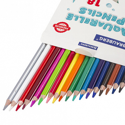 Карандаши цветные акварельные BRAUBERG PREMIUM AQUARELLE, 18 цветов, грифель мягкий 4 мм, 181672
