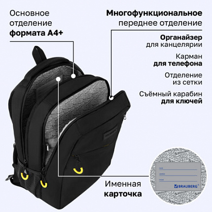 Рюкзак BRAUBERG MAIN, 2 отделения, 3 кармана, "Желтая вспышка", 38х26х17 см, 274397