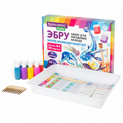 ЭБРУ набор для рисования на воде 9 цветов по 20 мл (60 картин), лоток А4, BRAUBERG HOBBY, 665355