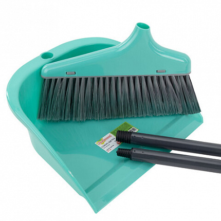 Совок для мусора КОМПЛЕКТ щетка + 2 рукоятки 80 см и 87 см с резьбой, пластиковые, "ЛЕНИВКА", бирюзовый, ЛЮБАША, 700056