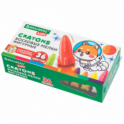 Восковые мелки фигурные BRAUBERG KIDS "РАКЕТА", НАБОР 36 цветов + НАКЛЕЙКИ В ПОДАРОК, 273084
