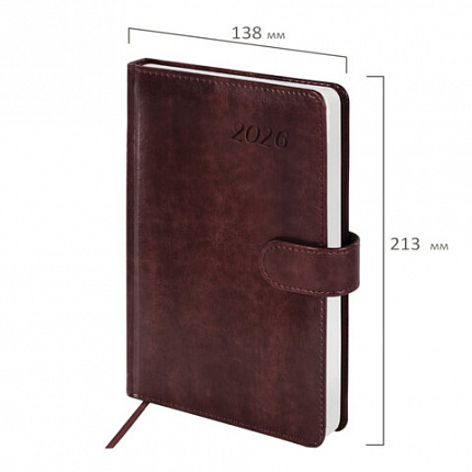 Ежедневник датированный 2026 А5 138x213 мм, BRAUBERG "Legend", под кожу, застежка, коричневый, 117071