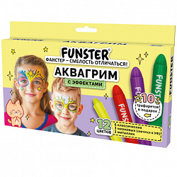 Аквагрим для лица и тела, 12 цветов (6 классических + 3 неоновых + 3 металлик), 10 трафаретов, FUNSTER (ФАНСТЕР), 192575