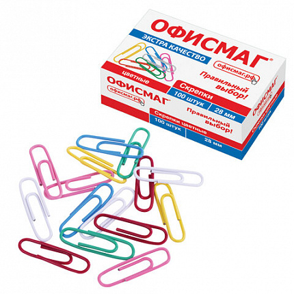 Скрепки ЭКСТРА ОФИСМАГ 28 мм цветные 100 штук, 271316