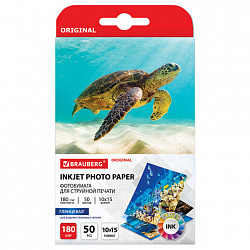 Фотобумага глянцевая, 10х15 см, 180 г/м2, односторонняя, 50 листов, BRAUBERG ORIGINAL, 364009