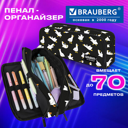 Пенал-органайзер BRAUBERG, 2 откидные планки, полиэстер, 23x9х7 см, "Безумные гуси", 274610