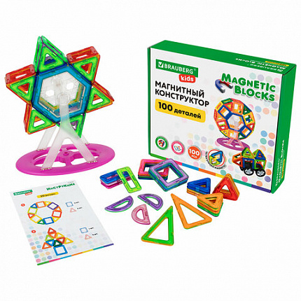 Магнитный конструктор MAGNETIC BLOCKS, 100 деталей, 2 колесные базы, карусель, BRAUBERG KIDS, 665720