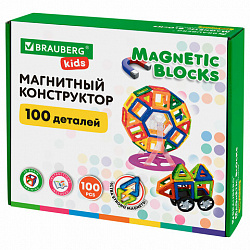 Магнитный конструктор MAGNETIC BLOCKS, 100 деталей, 2 колесные базы, карусель, BRAUBERG KIDS, 665720