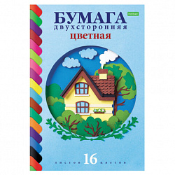 Цветная бумага А4 2-сторонняя газетная, 16 листов, 16 цветов, на скобе, HATBER ECO, 200х270 мм, "Домик в лесу", 059756, 16Бц4_20828